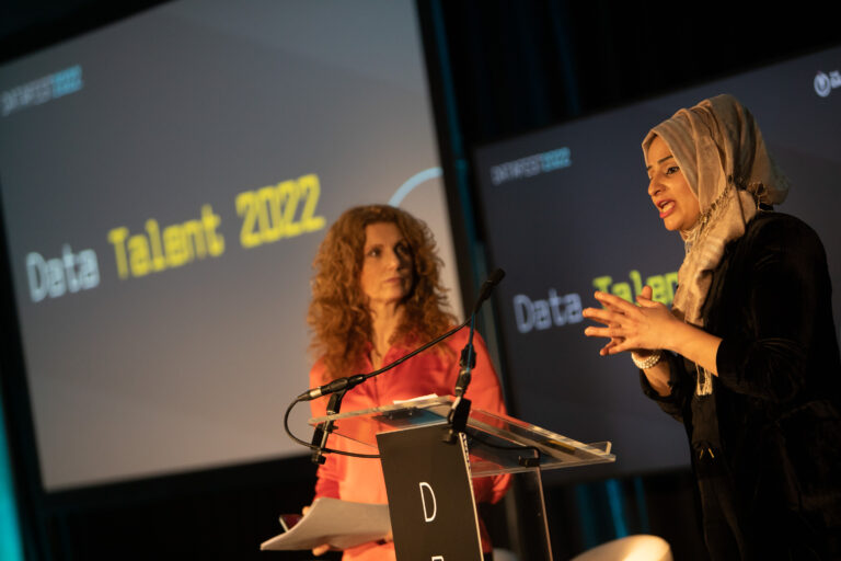 Vanessa Collingridge and Manira Ahmad, Chief Officer at Public Health Scotland, on stage at Data Talent 2022